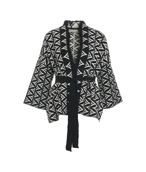 Cardigan jacquard con cintura #nero