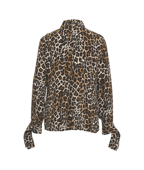 Camicia in georgette animalier con polsi a nastro #marrone