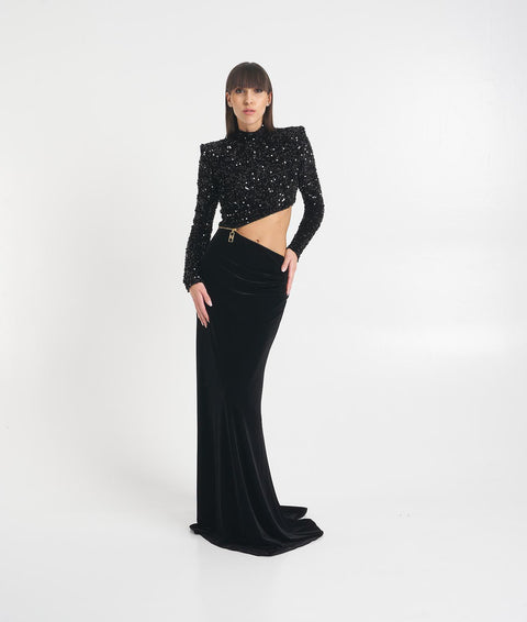 Maxi abito in ciniglia con paillettes e cut-out #nero