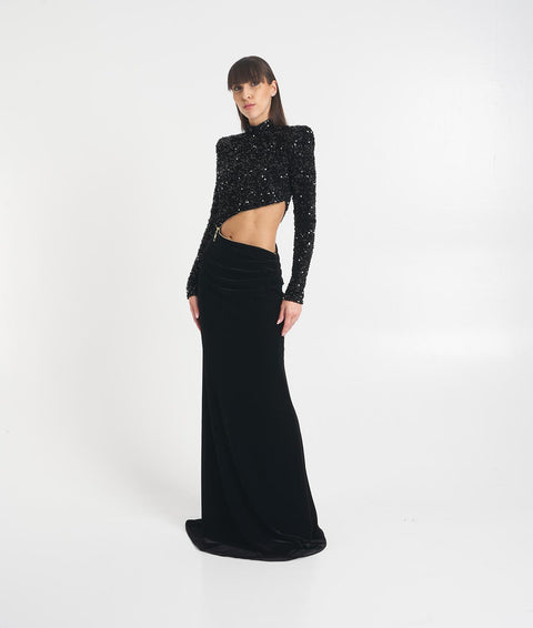 Maxi abito in ciniglia con paillettes e cut-out #nero