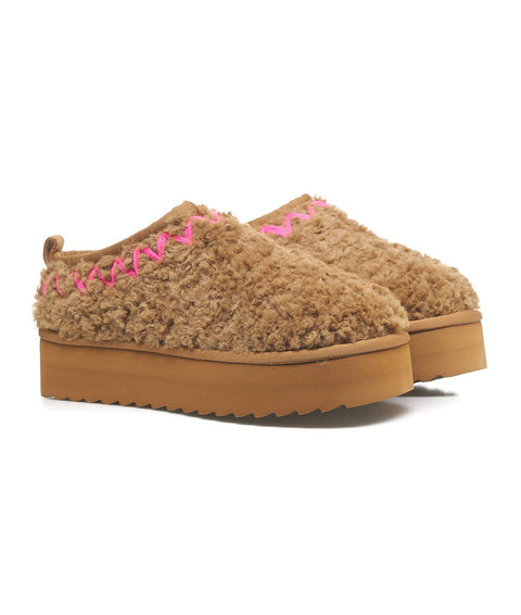 Platform slipper in tessuto teddy #marrone