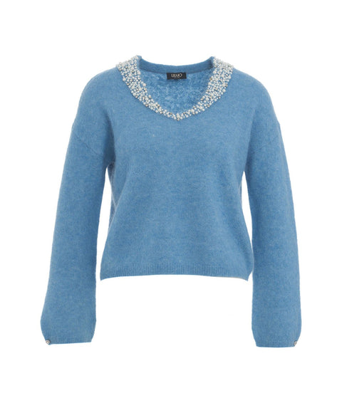 Maglia con perle alla scollatura #blu