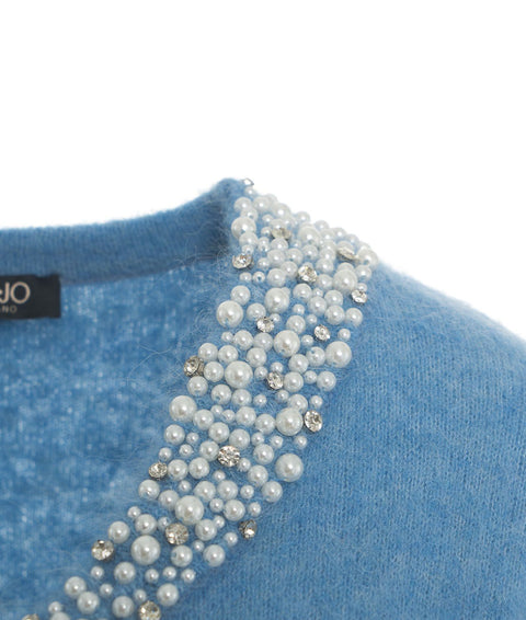 Maglia con perle alla scollatura #blu