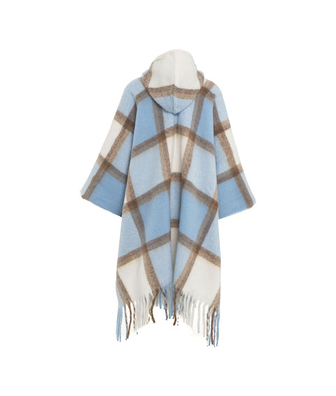 Poncho check con frange #blu