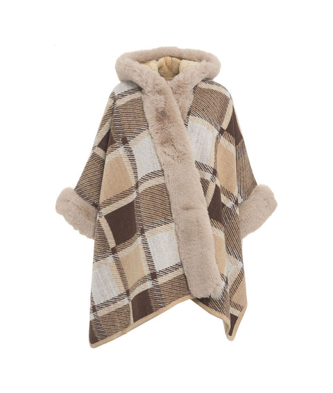 Poncho check con pelliccia sintetica #marrone