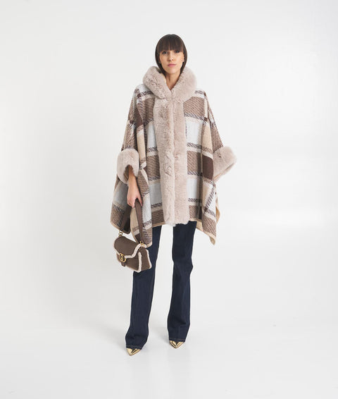 Poncho check con pelliccia sintetica #marrone