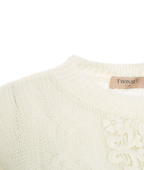 Maglia in misto mohair con pizzo #bianco