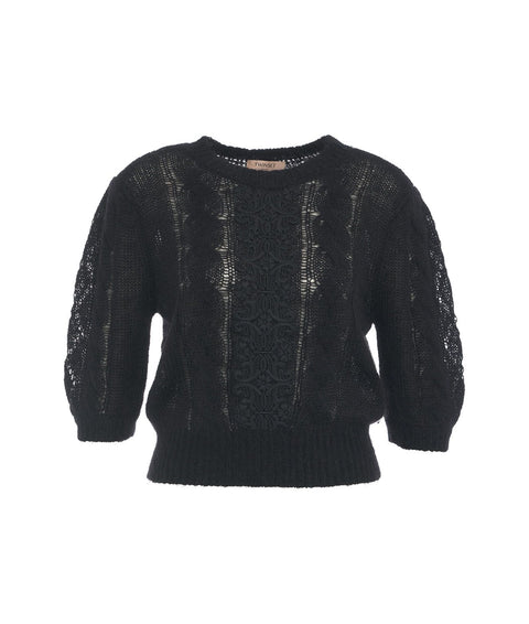 Maglia in misto mohair con pizzo #nero