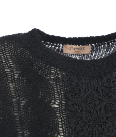 Maglia in misto mohair con pizzo #nero