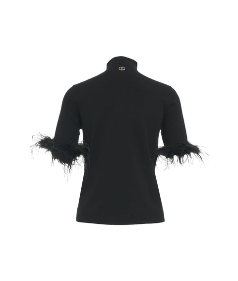 Maglia con applique di piume #nero