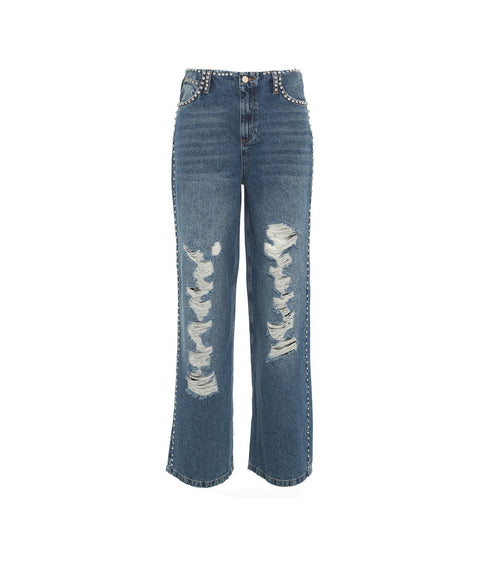 Wide leg jeans con strass #blu