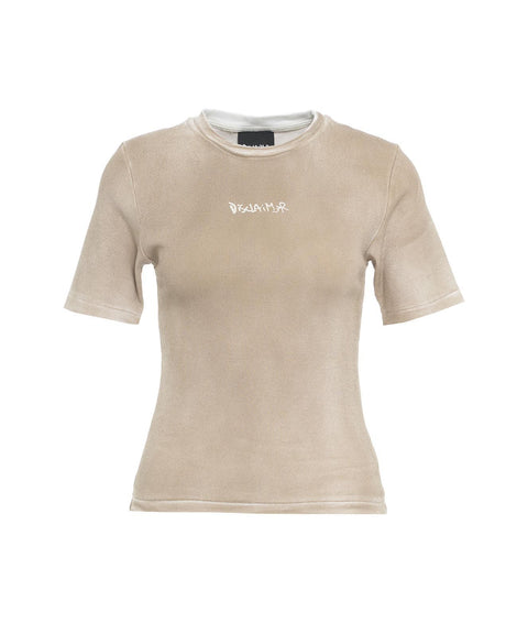 T-shirt a coste con logo #beige